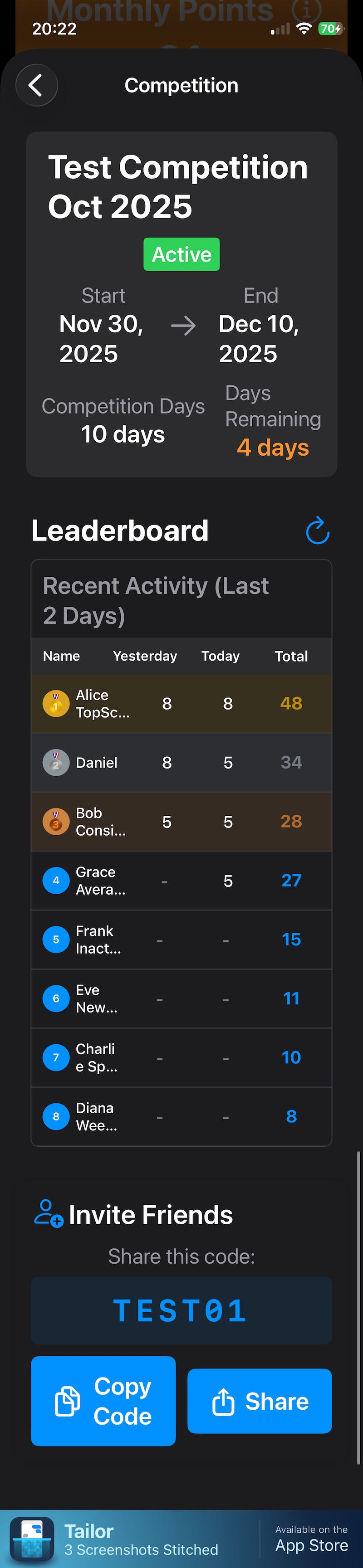 Competition view showing leaderboard