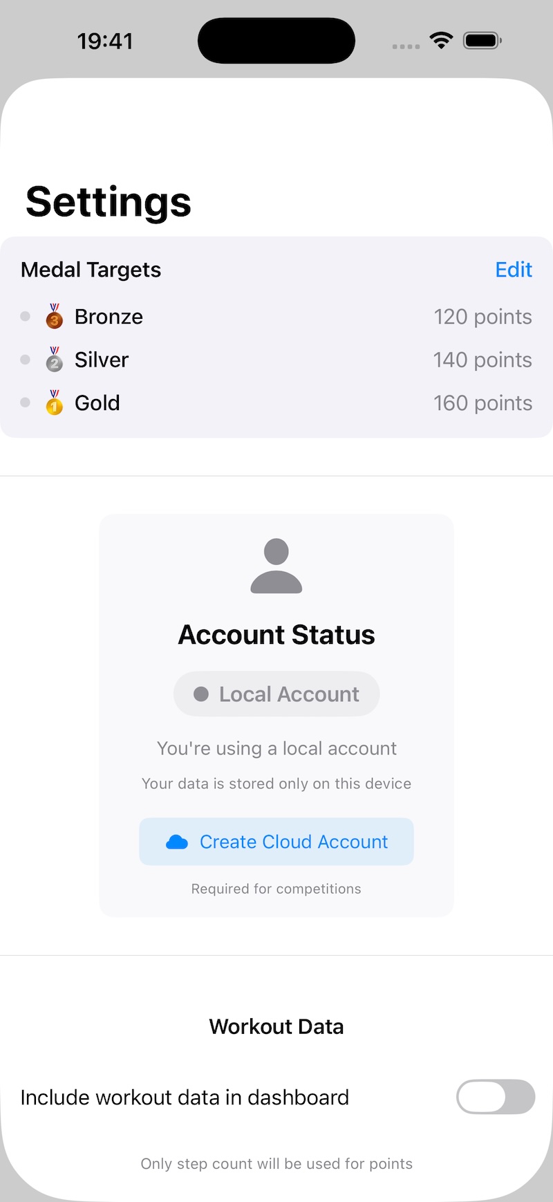 Settings screen showing medal targets